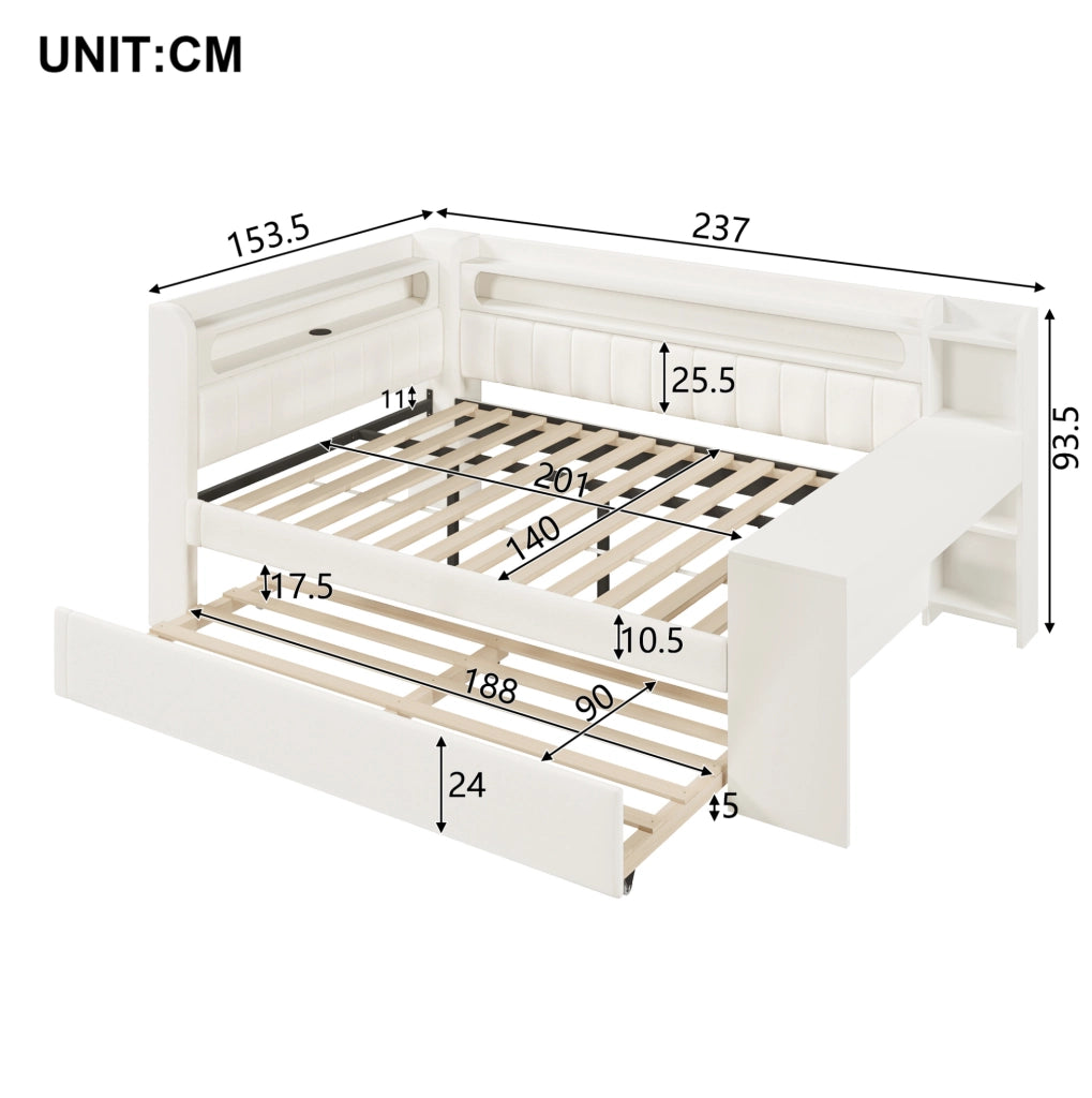 Divano letto 140x200 cm con letto estraibile; USB; LED e scrivania integrata; bianco