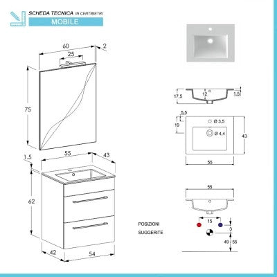 Mobile bagno sospeso 55 cm Smart bianco legno con lavabo e specchio