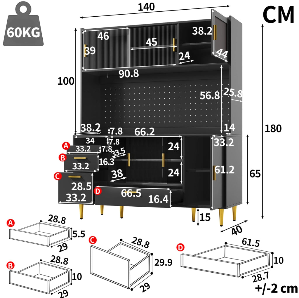 Credenza ULEVR 140x40x180 cm con vetrine, cassetti, ripiani regolabili e LED multicolore, nera
