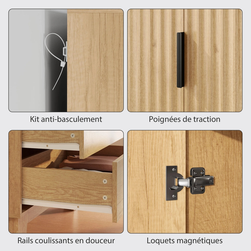 Armadio Camera da Letto con 2 Ante Scorrevoli 2 Cassetti Appendiabiti ¨C zephmum ¨C 80x50x180 Legno Naturale