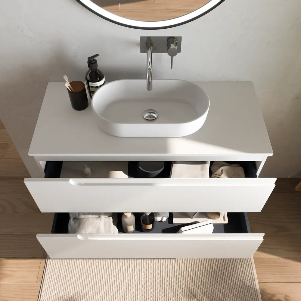 Mobile bagno sospeso 100 cm due cassetti bianco opaco con top | Ardenne