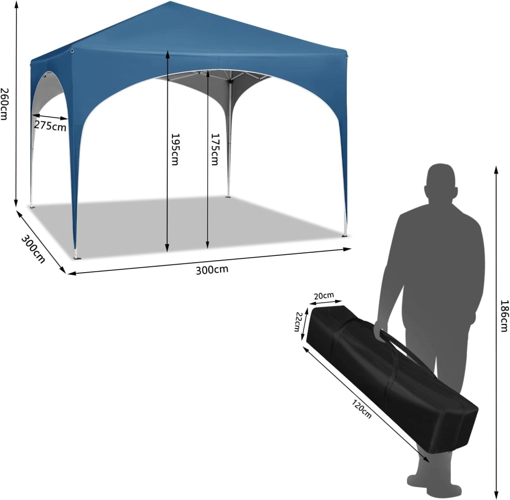 Gazebo da Giardino Richiudibile 3x3m Gazebo Esterno in Ferro Regolabile in Altezza Tendone con Soffitto Semicircolare Pieghevole Protezione Solare, Tende per eventi Facile da Montare Blu