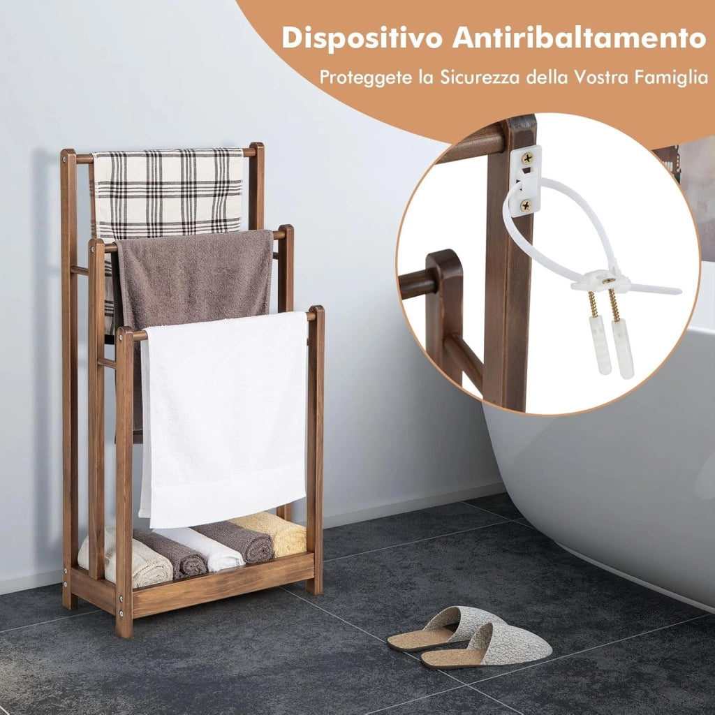 Portasciugamani in Legno da Terra, Porta Asciugamani a 3 Livelli con Mensola Inferiore, Dispositivo Anti-Ribaltamento, Supporto Leggero per Asciugamani da Bagno e Stanza Lavanderia (Marrone)