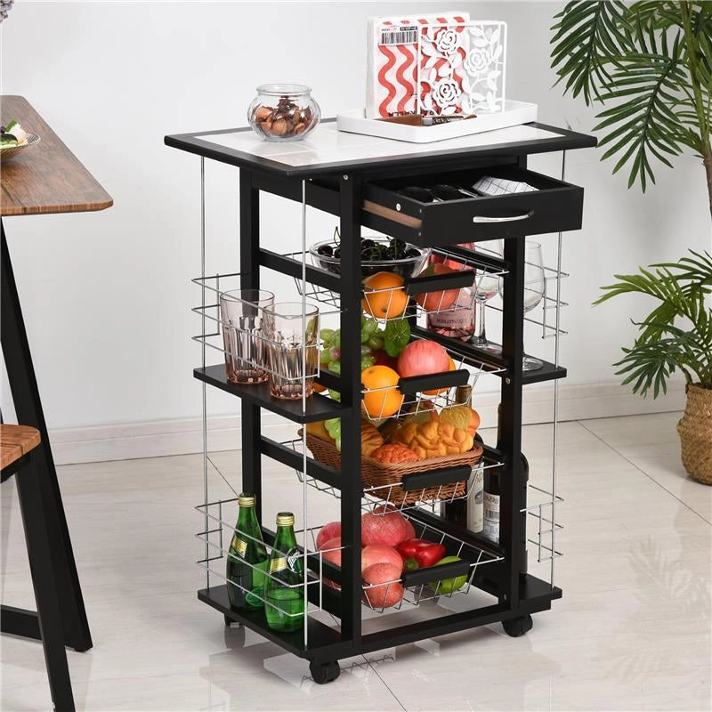 CARRELLO DA CUCINA CON 4 CESTINI RIMOVIBILI E 4 SCOMPARTI LATERALI NERO