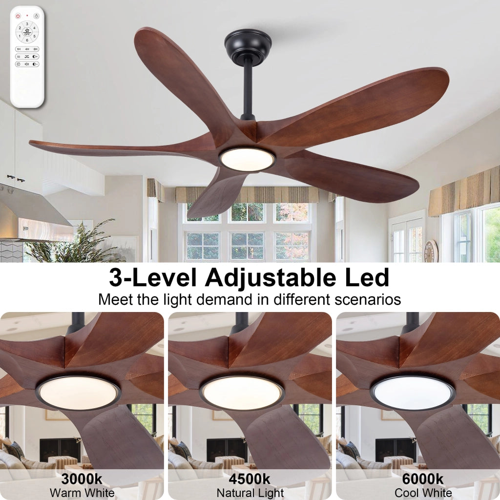 Ventilatore da soffitto con luce 5 pale in legno noce e nero motore DC 6 velocità timer e telecomando