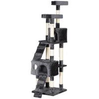 Albero Tiragraffi per Gatti con 3 Posatoi, 2 Casette e Giochi Appesi, in Legno e Peluche, 49x49x173 cm, Grigio