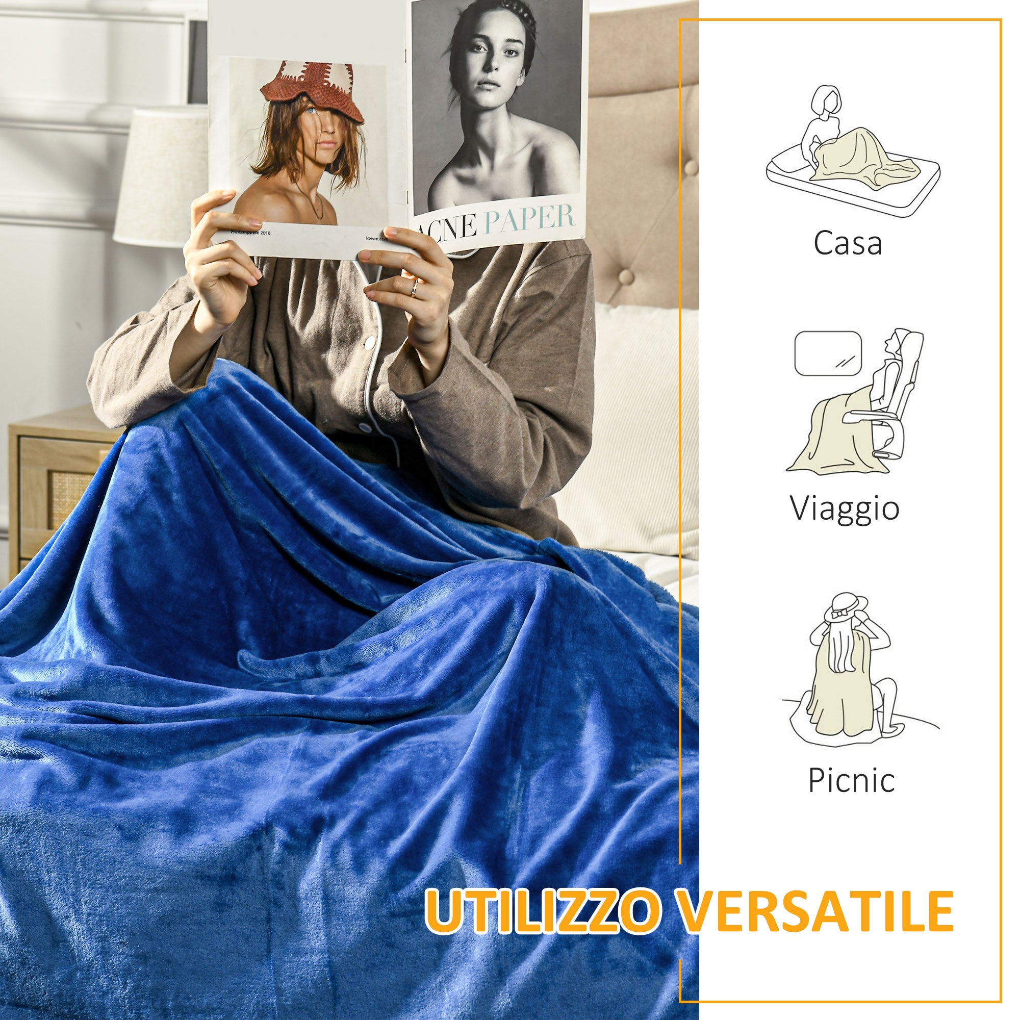 Coperta Reversibile 203x152x0,5 cm in Flanella 330 GSM Blu Scuro