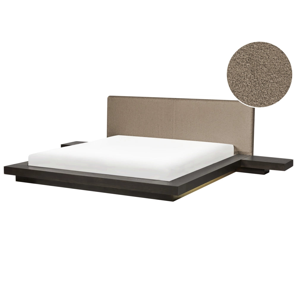 Letto a LED in stile giapponese in frassino scuro 180 x 200 cm testata in legno impiallacciato bouclé camera da letto a basso profilo