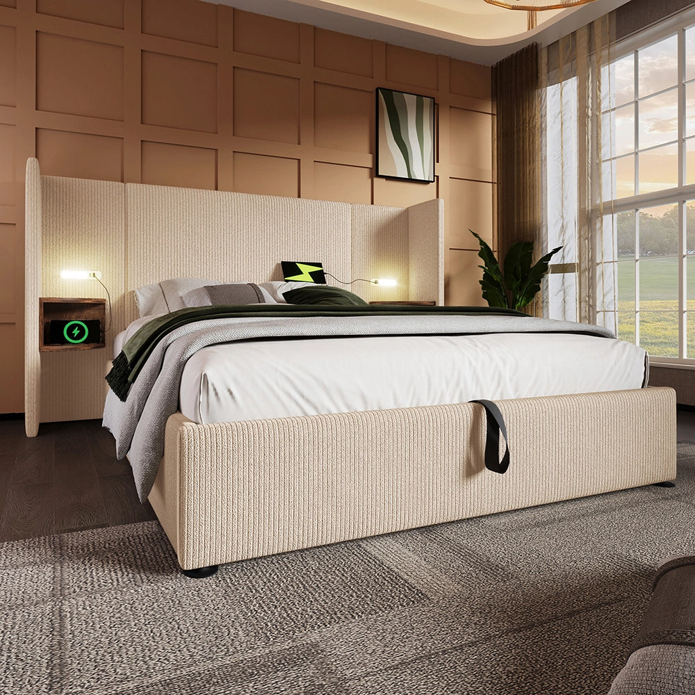 Letto matrimoniale con cassetti - Xylo - 180??200 cm - Beige e Bianco - Velluto costato, comodini con luce e USB-C