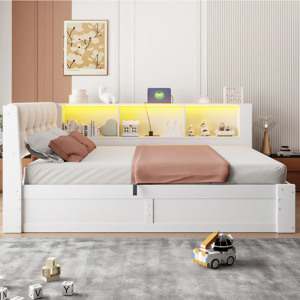 Letto Contenitore Letto Singolo 140x200 cm; con USB; LED e Scaffale laterale in Bianco