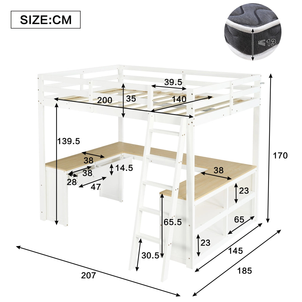LETTO A CASTELLO con tavolo a U 140x200 cm bianco/naturale in legno e MDF