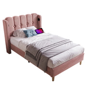 Letto singolo 90x200 in velluto rosa con USB Type-C， rete a doghe