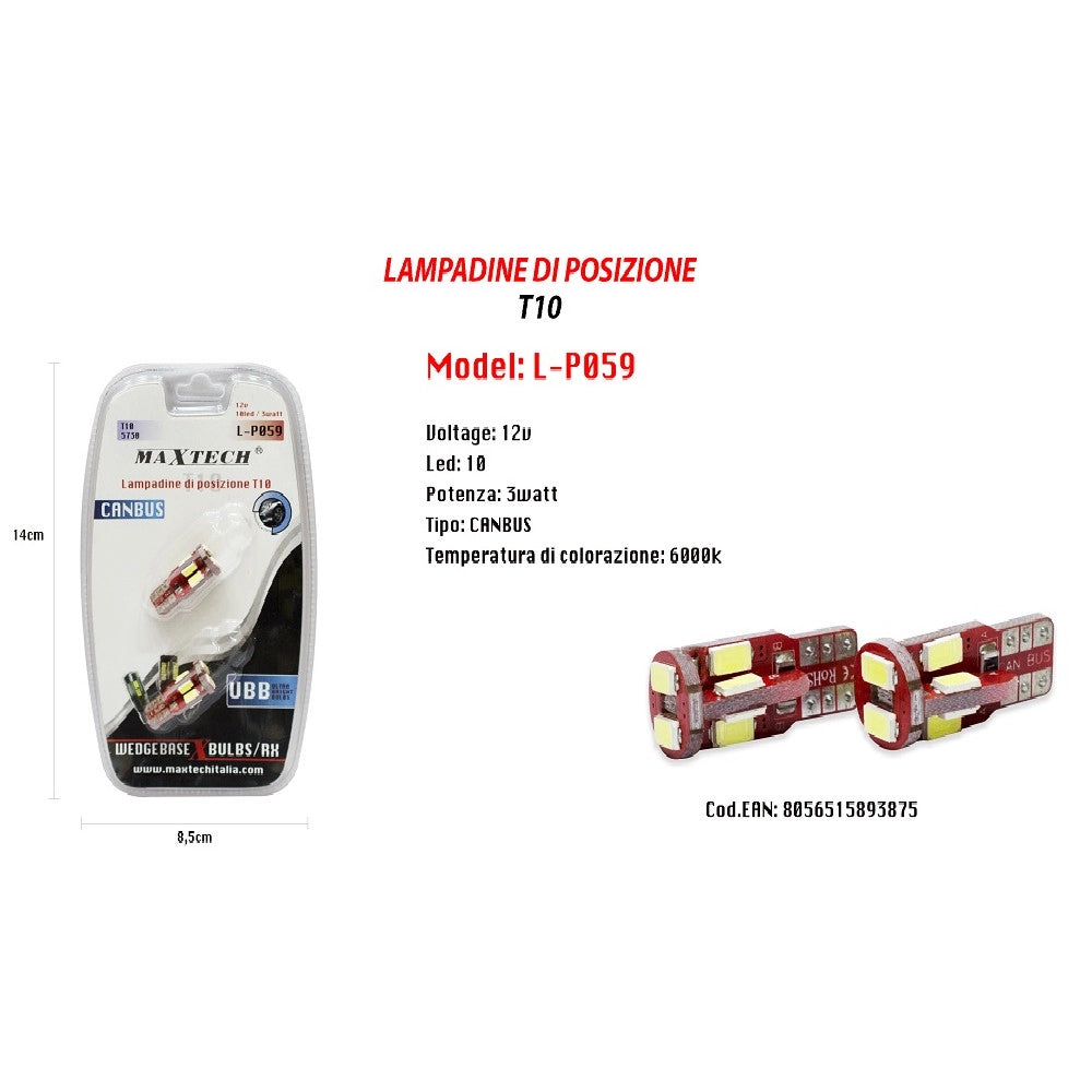 Trade Shop - Lampadine Di Posizione Canbus Maxtech L-p059 12v 10led 3w Ultra Luminose 6000k -