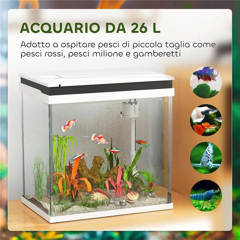 ACQUARIO PER PESCI ROSSI 26L CON LUCI LED SISTEMA DI FILTRAGGIO E POMPA D'ACQUA 38X26X38 CM BIANCO