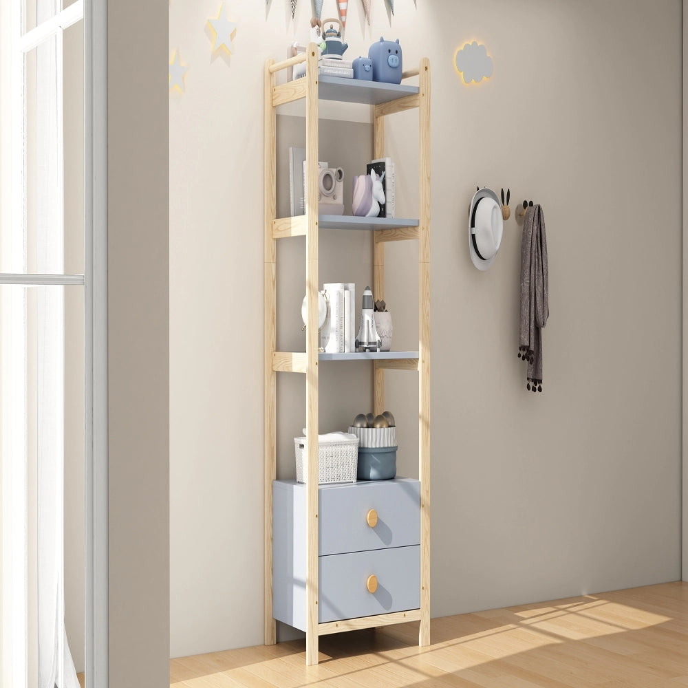 Libreria alta con due cassetti 70 x 44 x 180 cm; scaffale a quattro ripiani blu e legno