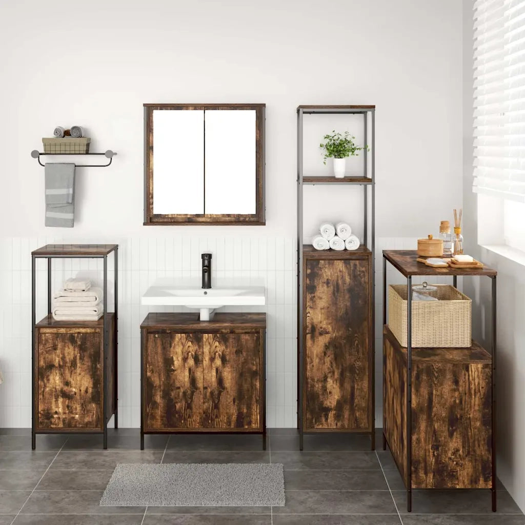 Set di mobili per il Bagno | Armadio da bagno 5 pz Rovere Affumicato e Nero