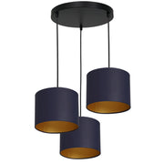 Sospensione Luminex Arden nera 3 luci, paralumi blu oro