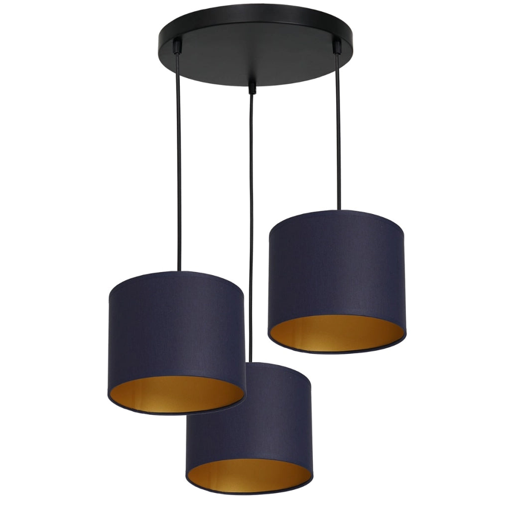 Sospensione Luminex Arden nera 3 luci, paralumi blu oro