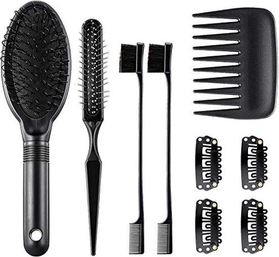 Set di parrucche, composto da 9 pezzi, inclusa fascia, spazzola, airbag, parruccia massaggiante, denti larghi per capelli, parrucche, clip per parrucche ondulate, parrucche diritte e spesse, capelli sintetici e umani.
