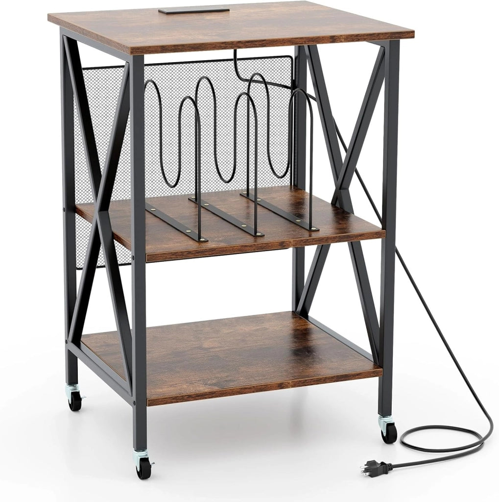 Supporto per Giradischi, Tavolo per Conservare Dischi in Vinile, Tavolo per Giradischi in Stile Mid-Century con Stazione di Ricarica, Ruote Bloccabili per Camera da Letto, Soggiorno (Marrone)