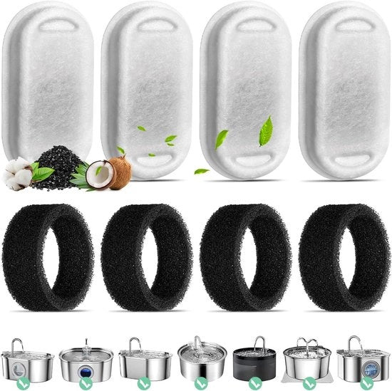 4 pezzi Sostituenti filtro per 108oz/3.2L Fonte per gatti - 4 filtri a carbonio e 4 filtri schiuma - Filtro triplato per 67oz/2L Fonte per animali domestici