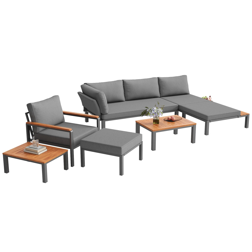 Set sedute modulari esterni: metallo; cuscini; tavoli legno; terrazza/balcone/piscina; grigio