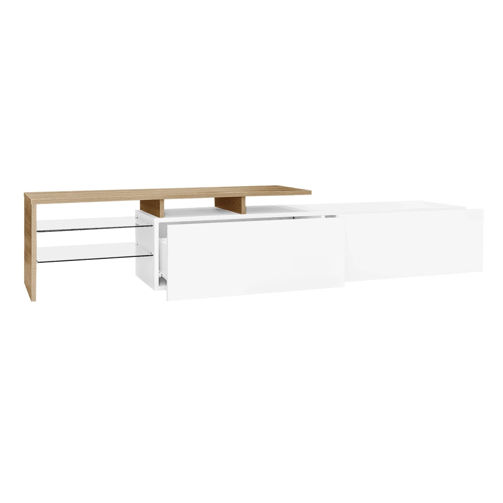 Mobile TV con 2 Vani; Ripiani in Vetro e LED 16 Colori; Moderno Lucido; 170¡Á33¡Á33;5 cm; Bianco Naturale