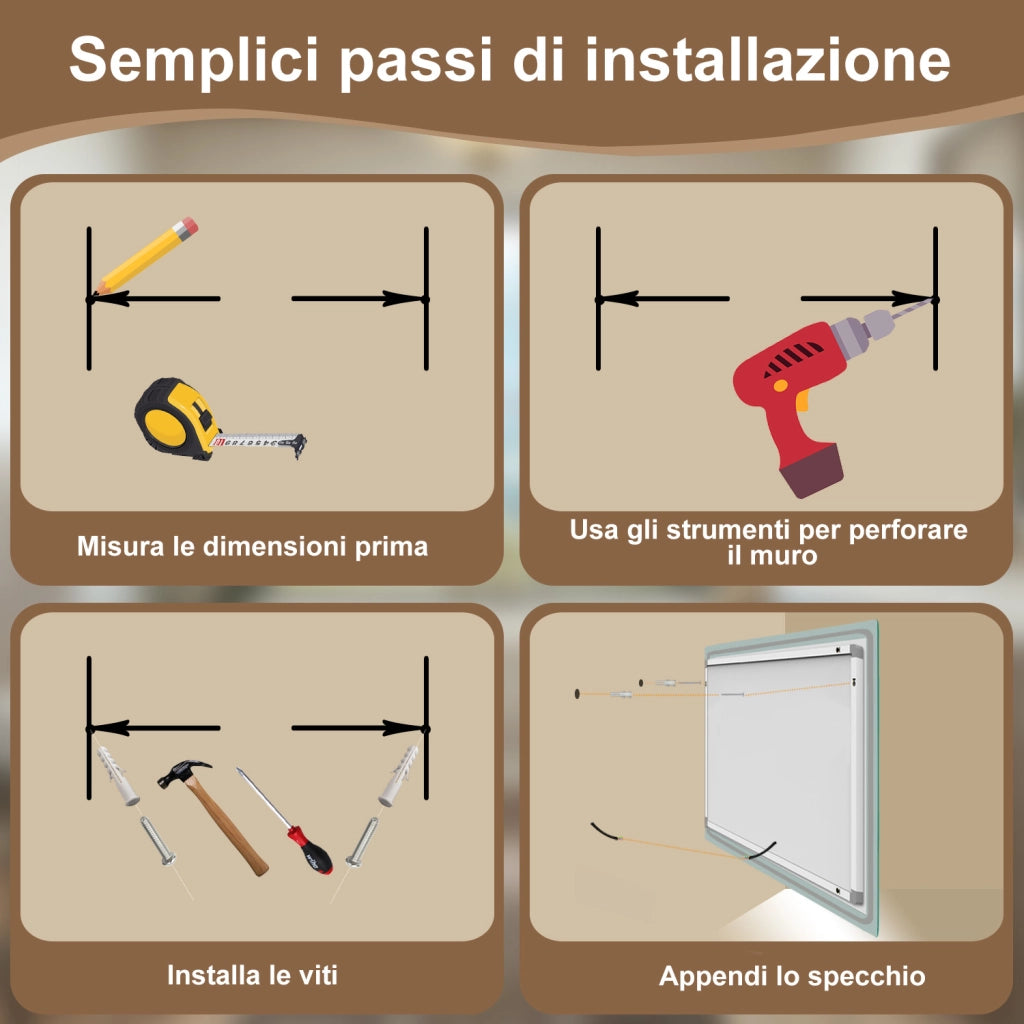 AICA Specchio Da Bagno Rettangolare Da 70x50cm con LED, Antiappannamento, 3 Temperature Colore