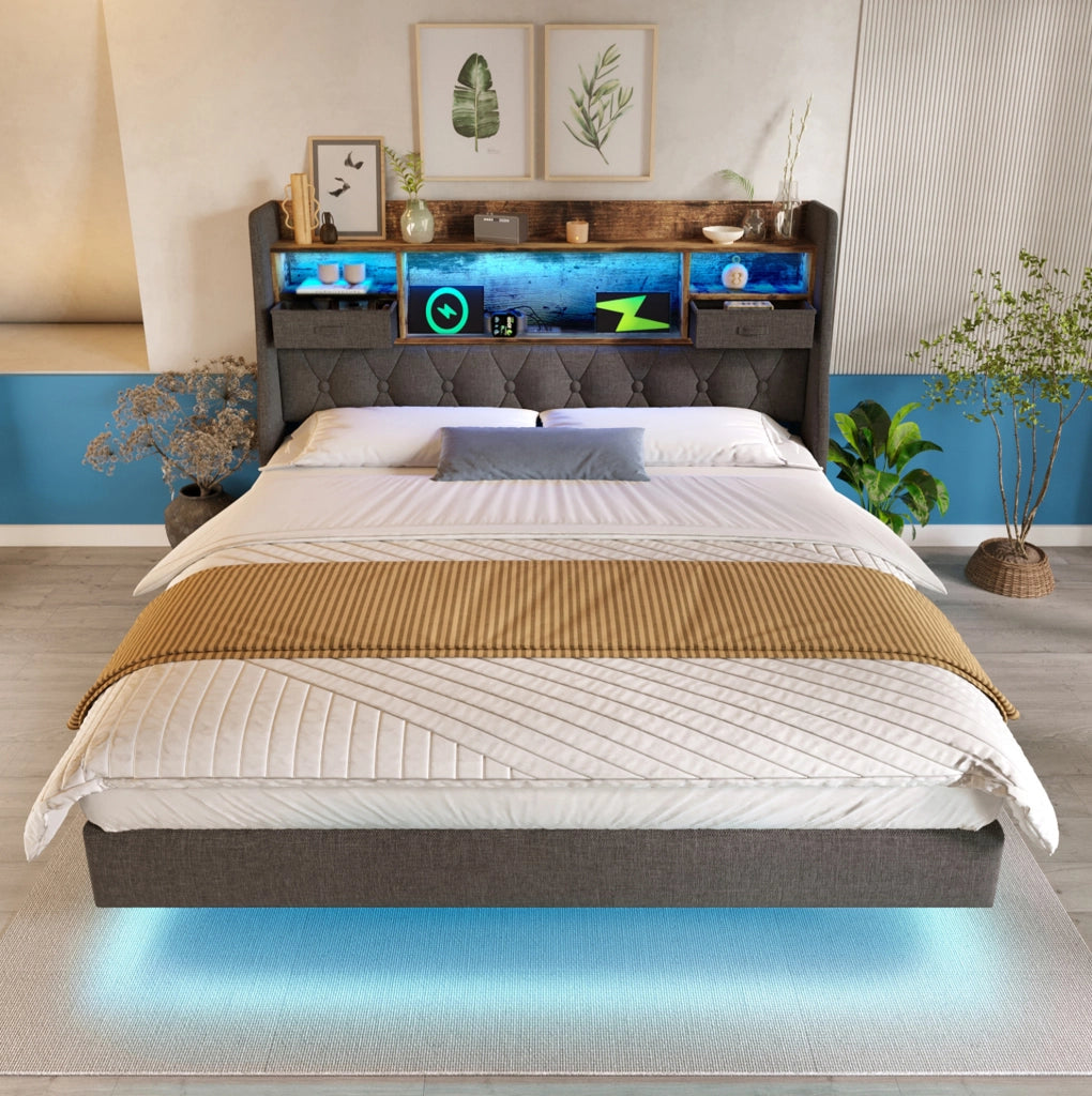 Letto imbottito ULEVR 160x200 cm con LED, 3 USB e Type-C, testiera contenitore in lino grigio