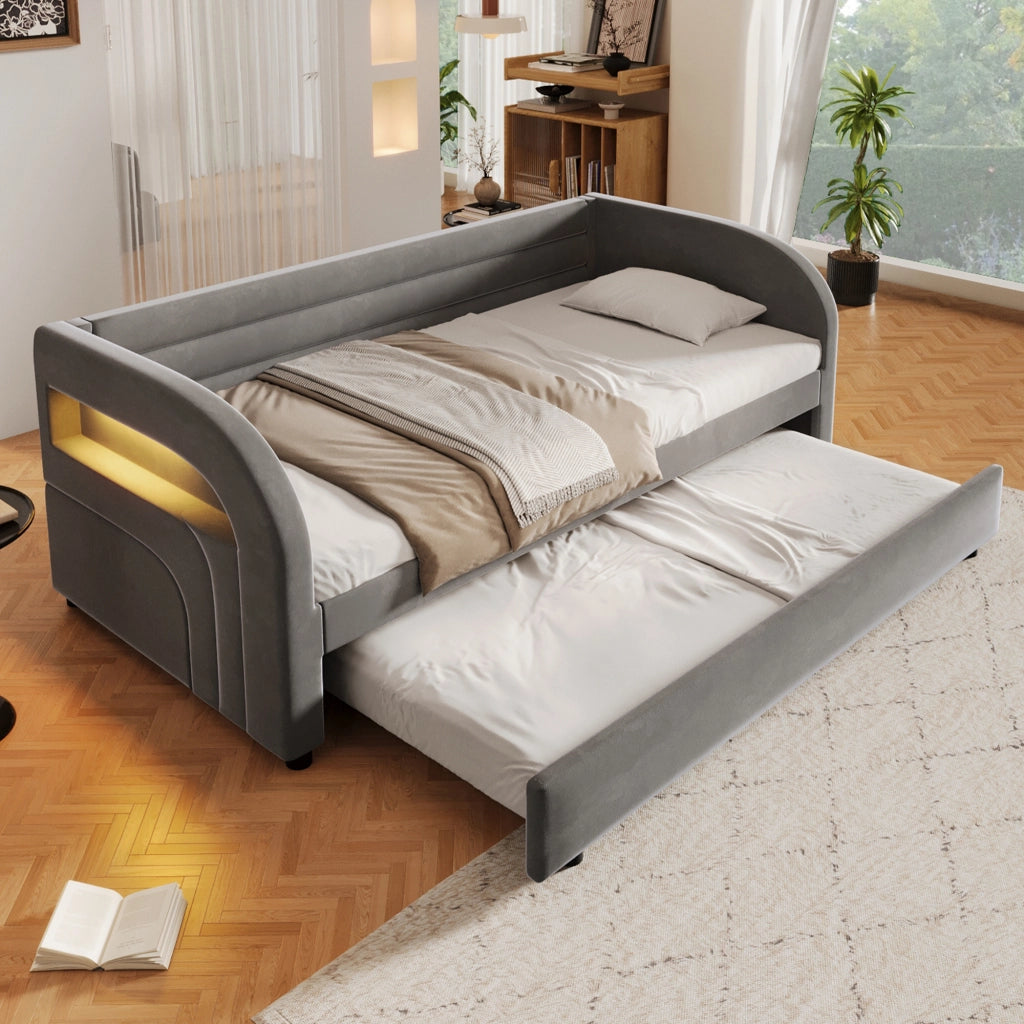 Letto singolo 90x200 in velluto con letto estraibile e LED, Grigio