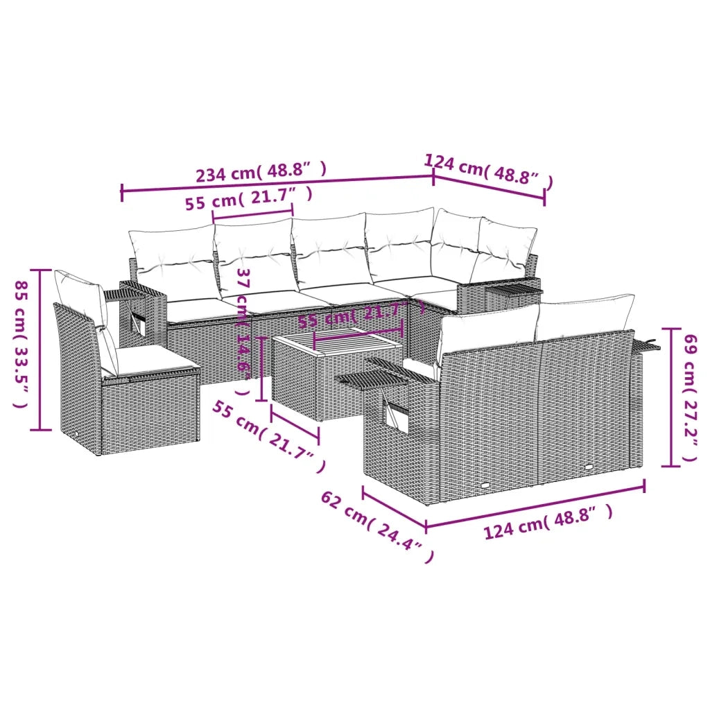Set Divano da Giardino 9 pz con Cuscini Beige in Polyrattan