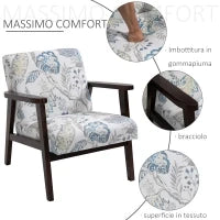 Sedia per Soggiorno Poltroncina Imbottita con Braccioli in Legno e Tessuto Traspirante per Casa e Ufficio, a Fiori, 68.5x78.5x75cm