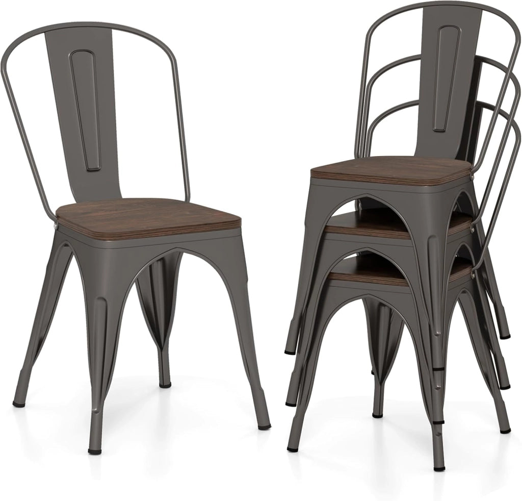 Set di 4 Sedie da Pranzo Impilabili 53 x 44,5 x84 cm, Sedie da Bar con Schienale Alto, Struttura in Legno e Acciaio, Ideale per Balcone, Cortile e Ristorante (Bronzo)
