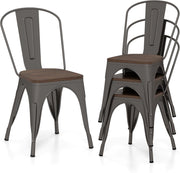 Set di 4 Sedie da Pranzo Impilabili 53 x 44,5 x84 cm, Sedie da Bar con Schienale Alto, Struttura in Legno e Acciaio, Ideale per Balcone, Cortile e Ristorante (Bronzo)