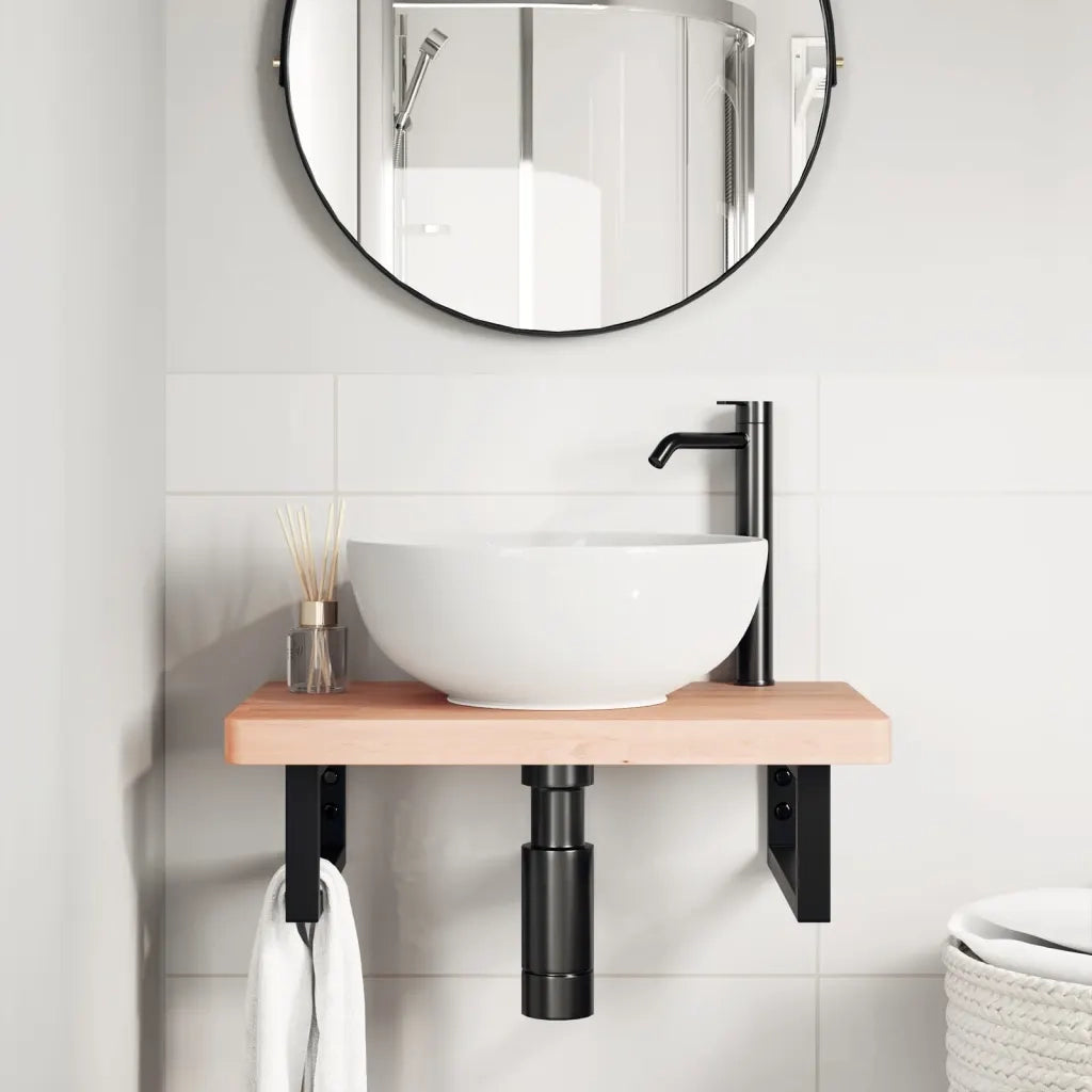 Ripiano a Parete per Lavabo in Acciaio e Massello di Faggio