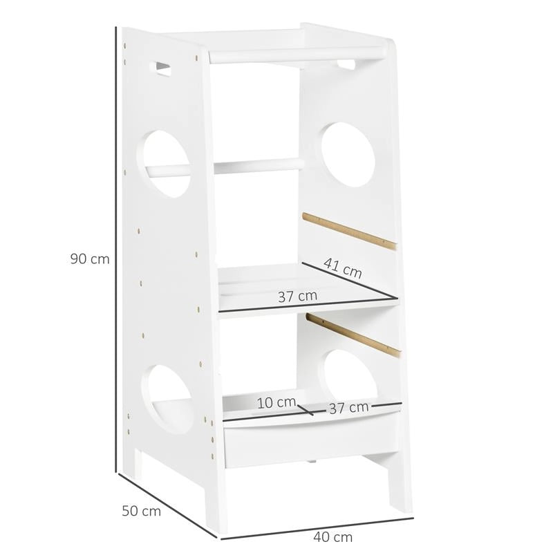 TORRE MONTESSORIANA PER BAMBINI, LEARNING TOWER CON ALTEZZA REGOLABILE IN MDF, 40X50X90CM, BIANCO