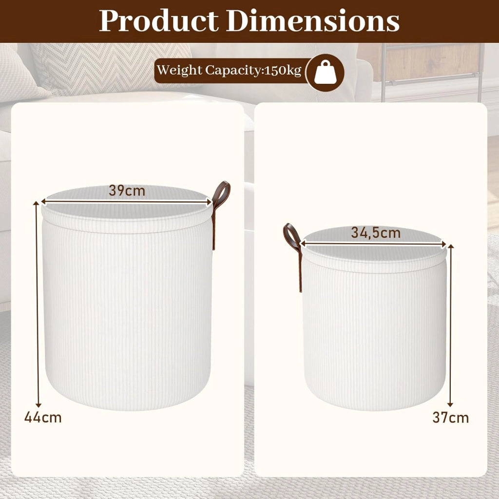 Set di 2 Pouf Contenitore, Poggiapiedi per Soggiorno in Velluto con Coperchi Rimovibili, Sedute Imbottite, Sgabello da Trucco 40 L+25 L, Portata 150 KG, Grigio/Bianco (Bianco)