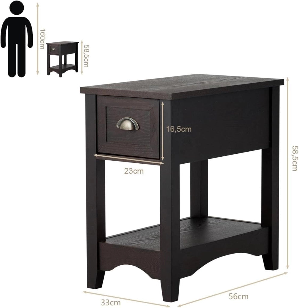 Tavolino da Salotto in Legno Massello, Comodino con 1 Cassetto e 1 Ripiano, Tavolino Basso da Soggiorno e Camera da Letto (56 x 33 x 58,5 cm, Caffè, 1)