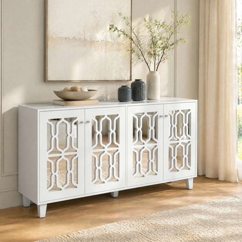 CREDENZA 160x40x84 cm bianca con 4 ante superficie a specchio in MDF