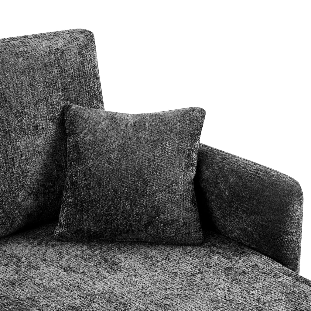 Divano angolare a 3 posti in chenille nero con chaise longue integrata, cuscini inclusi e struttura in legno