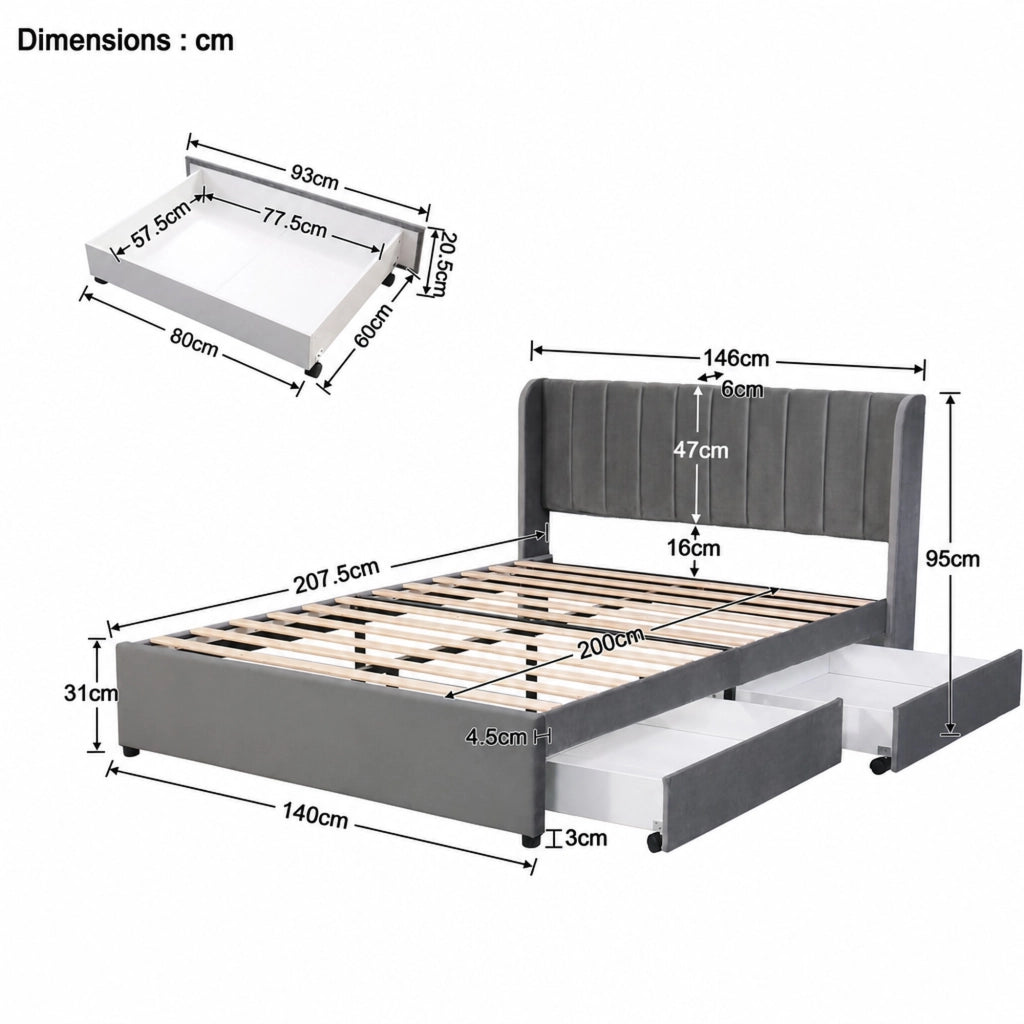 DESMIU Lit adulte 140 × 200 cm 2 posti con 2 cassetti contenitore e testiera, senza materasso, in velluto grigio