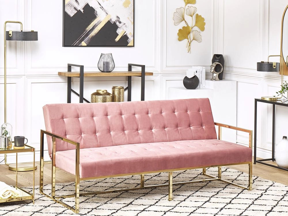 Divano letto con struttura in metallo dorato trapuntato in velluto rosa tappezzeria in stile retrò soggiorno