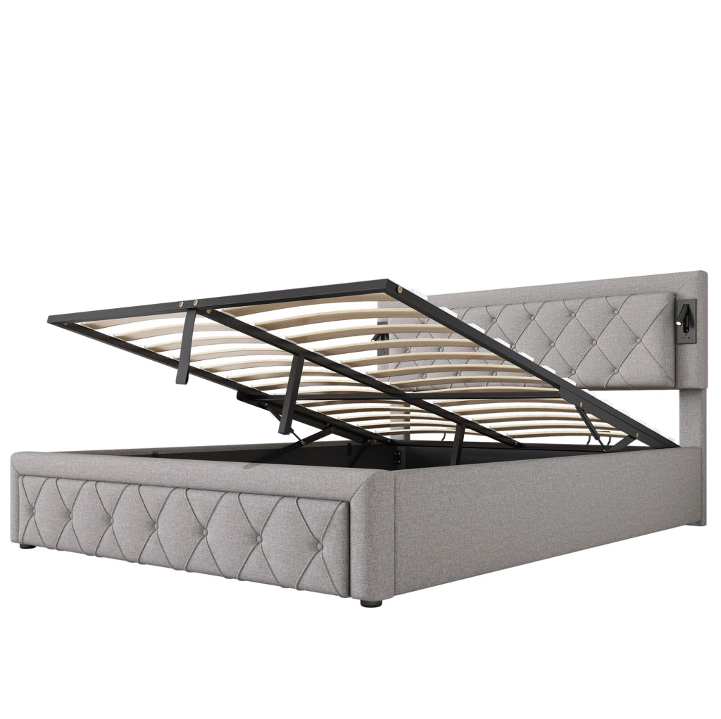 Letto matrimoniale imbottito con contenitore, illuminazione e prese USB grigio