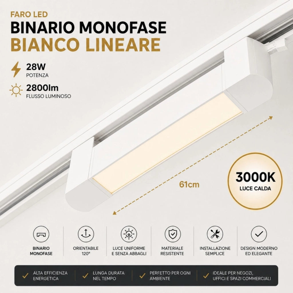Faro Led Binario Monofase, Bianco Lineare 61cm 28W 2800lm 120° Orientabile, Disponibili 3000K 4000K (Bianco Caldo 3000K)