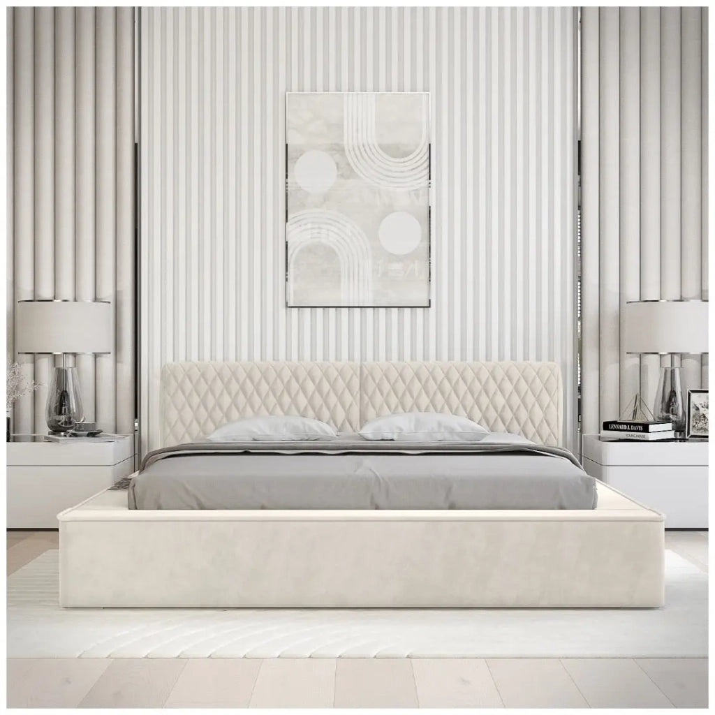 Lit coffre VERNON – Tessuto bouclé in ciniglia di lino naturale – 180x200 cm – Rete a doghe sollevabile – Design di alta gamma