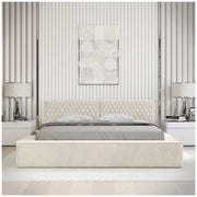 Lit coffre VERNON – Tessuto bouclé in ciniglia di lino naturale – 180x200 cm – Rete a doghe sollevabile – Design di alta gamma