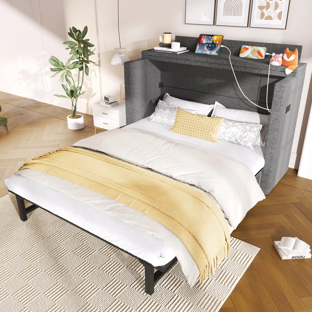 Letto a Scomparsa 140 x 200 cm; 1 Cassetto; USB e Type-C; in Lino; Grigio