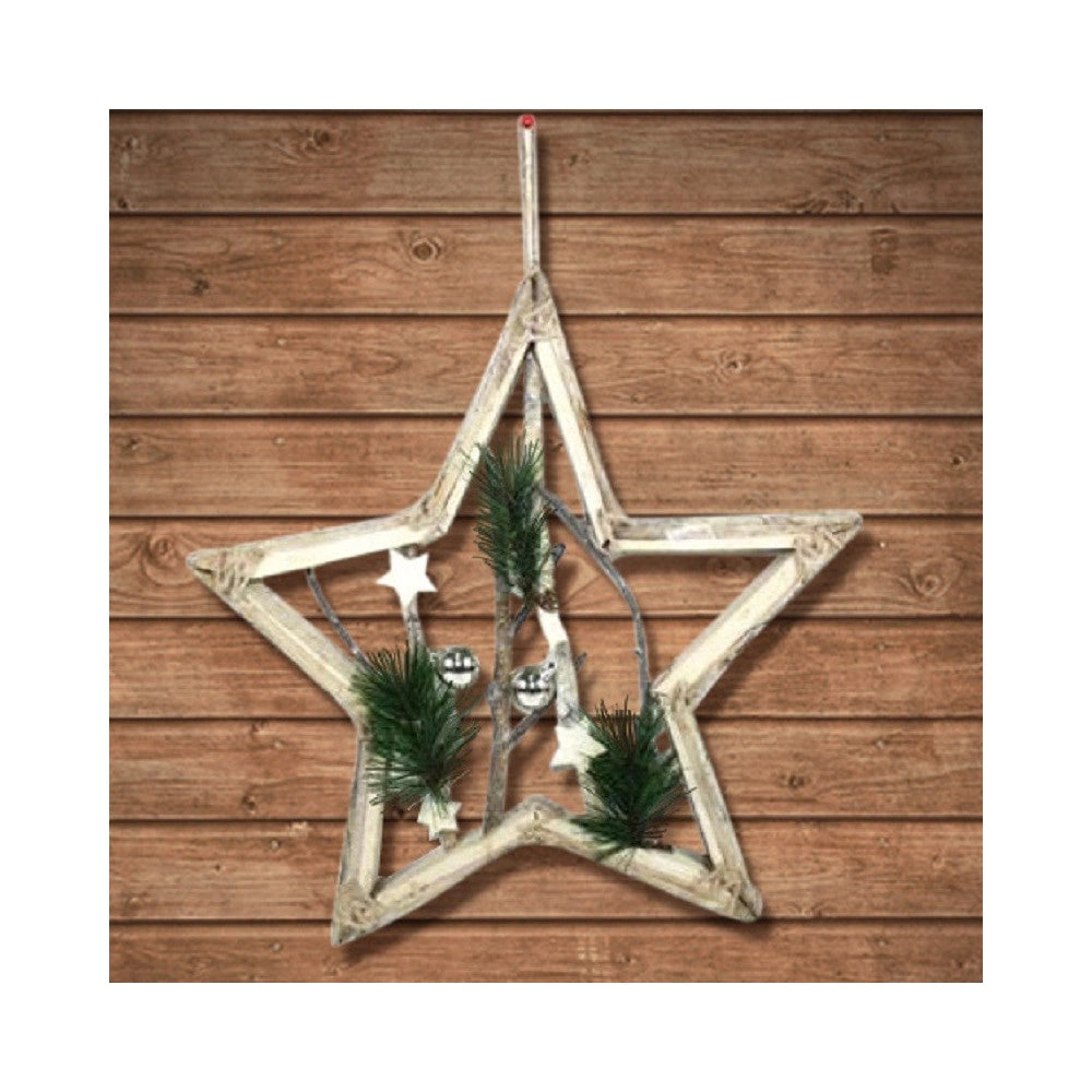 Trade Shop - Appendino Forma Stella In Legno Con Rami E Palline 42cm Bianco Decoro Natalizio -