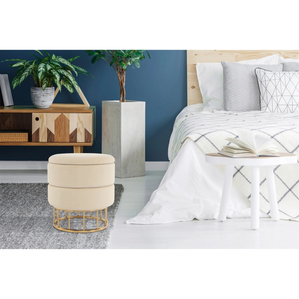 Pouf contenitore Zero in velluto avorio e base oro