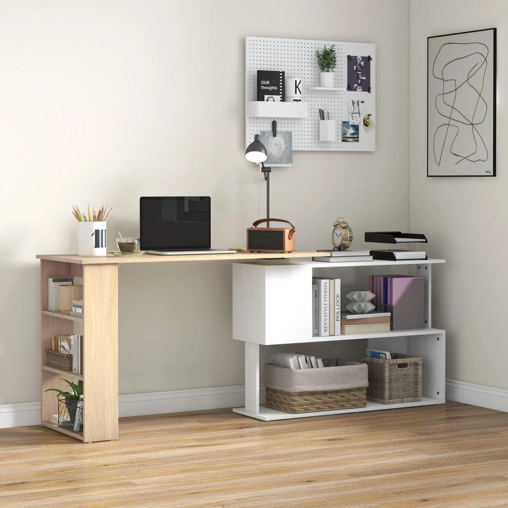 Scrivania angolare con libreria e scaffali ¨C zephmum ¨C bianco e legno naturale